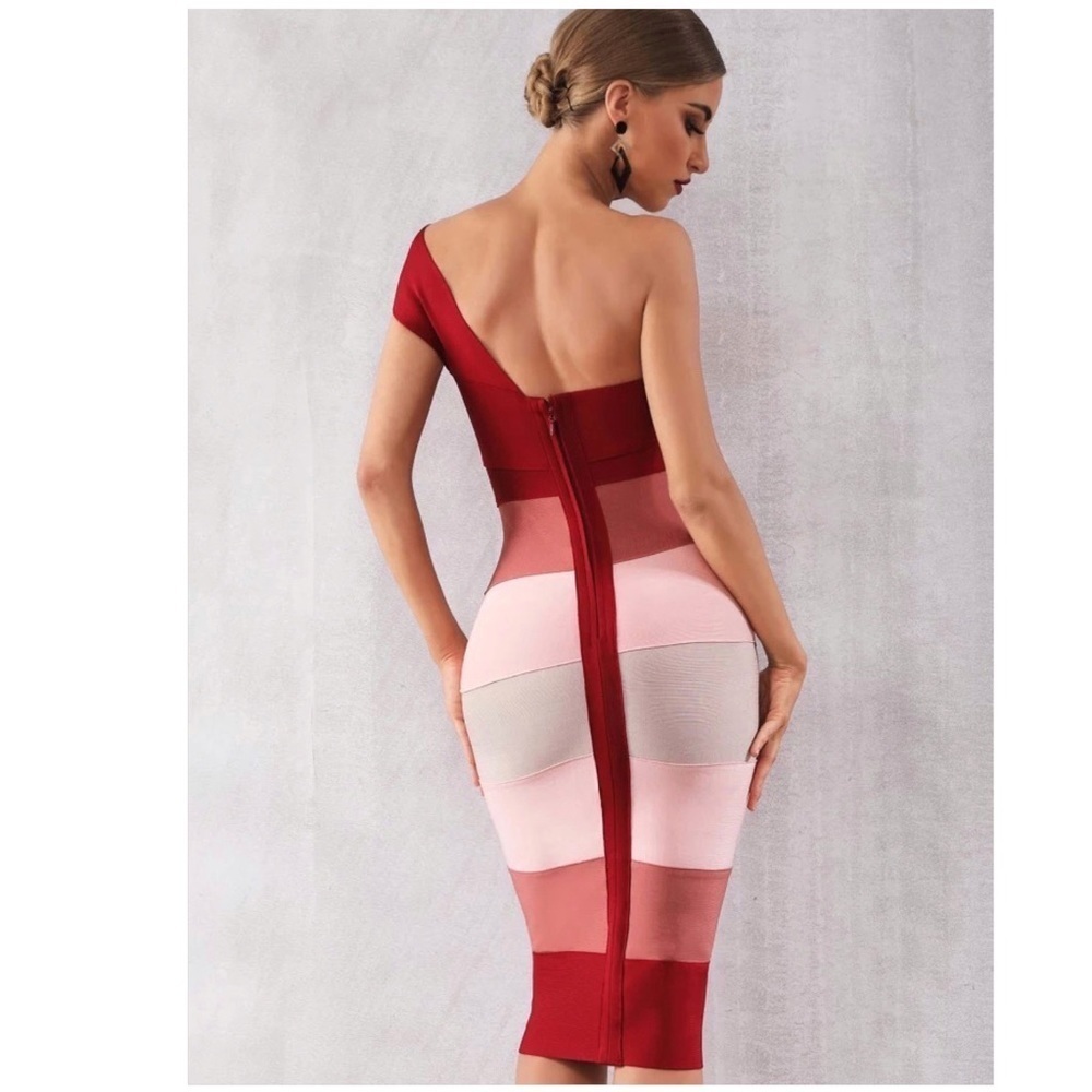 One Shoulder Bandage Dress with horizontal stripes bodycon M - Picture 3 of 7